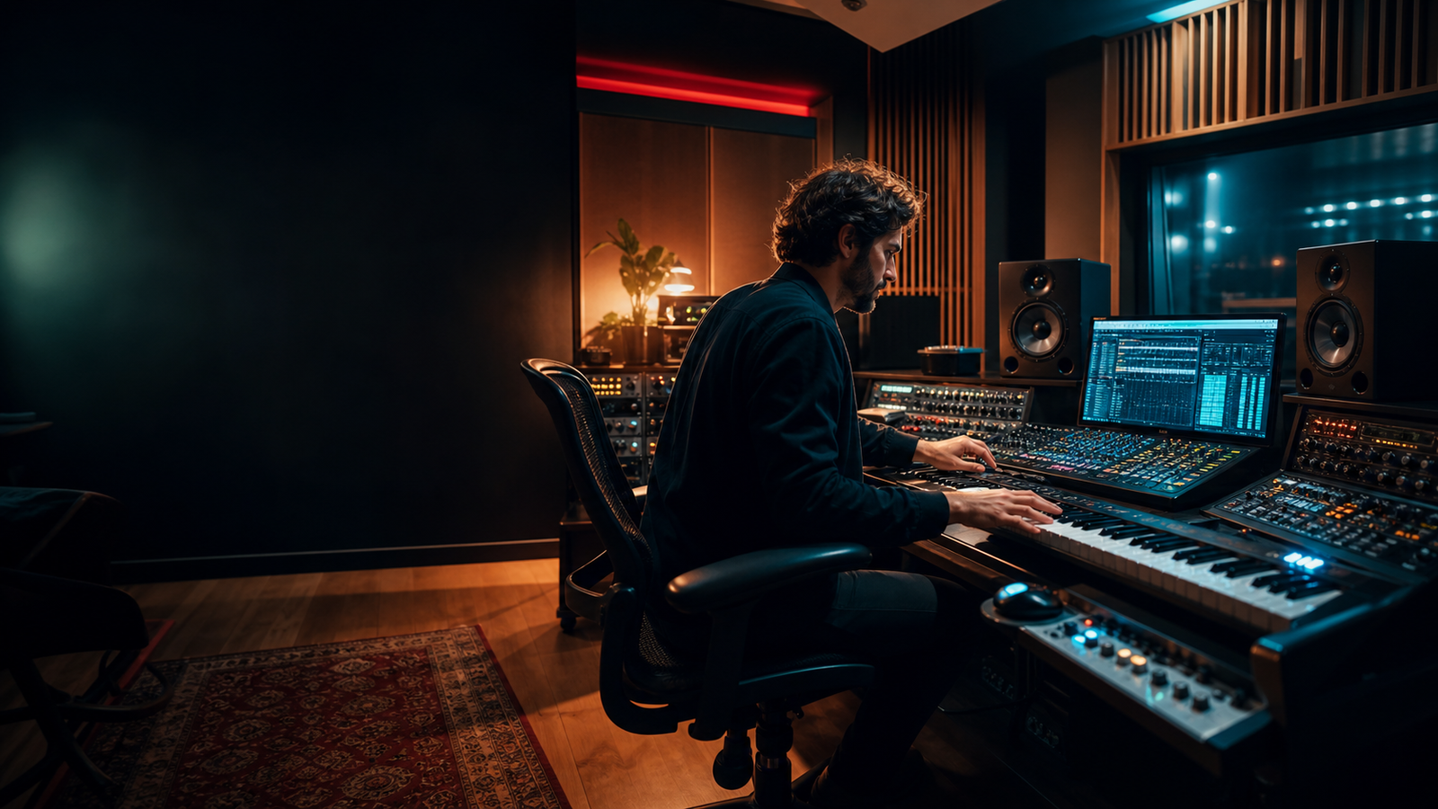 Music producer shaping a track in a colorful recording studio